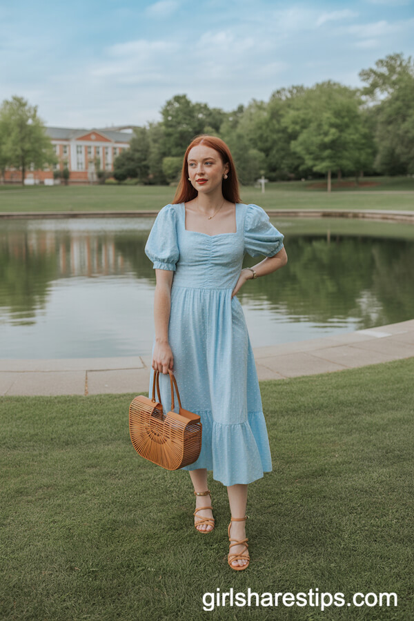 Light Blue Puff Sleeve Midi Dress with Straw Bag