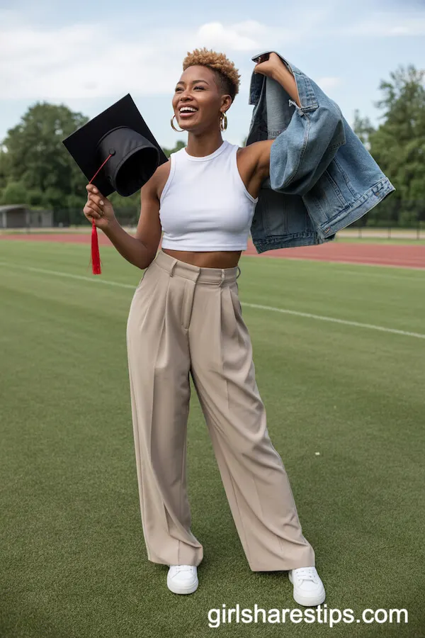 Sporty-Chic Graduation Look in Crop Top and Wide-Leg Trousers