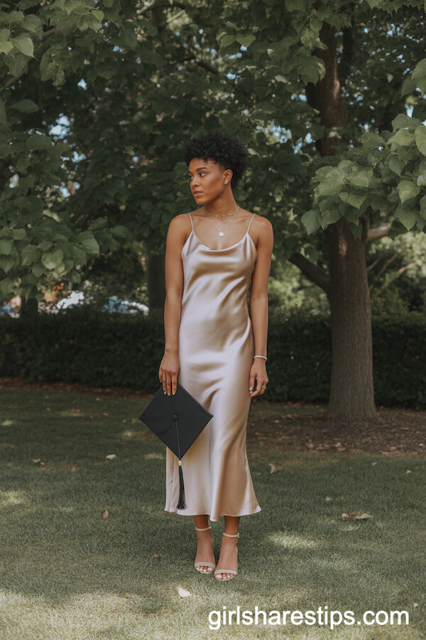 Champagne Satin Slip Dress with Delicate Gold Accessories