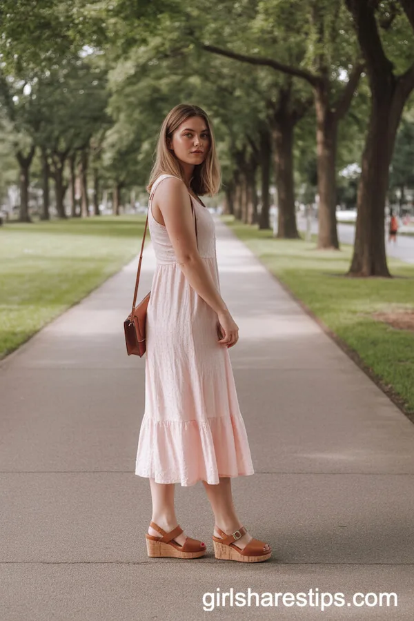 Light Pink Midi Sundress with Cork Wedges