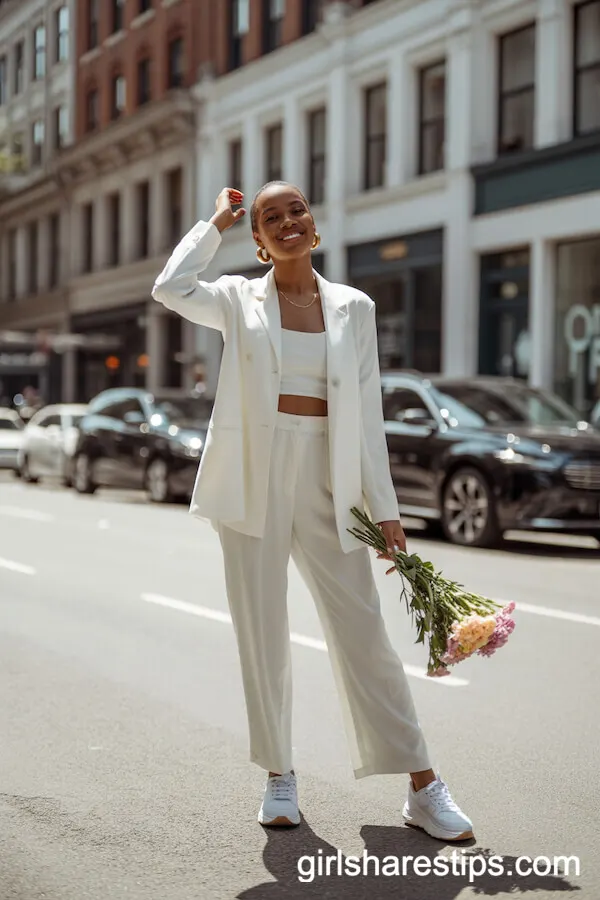 Chic White Suit Set with Relaxed Pants and Sneakers