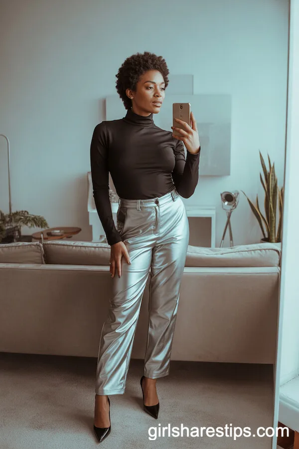 Silver Metallic Pants with a Fitted Black Turtleneck