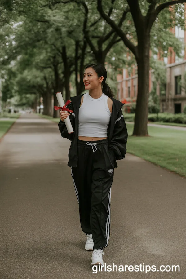 Sporty Black Track Pants and Fitted Top Graduation Outfit
