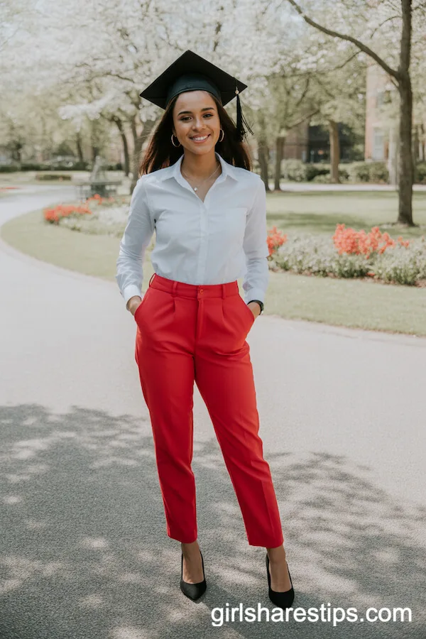 Bold Red Tailored Pants and White Button-Down Shirt