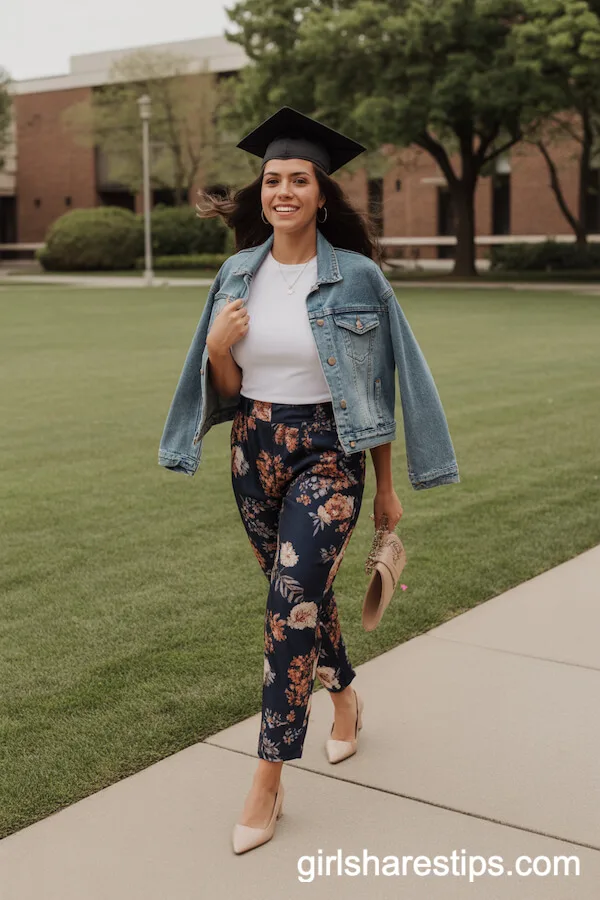 Tailored Floral Pants with a Denim Jacket