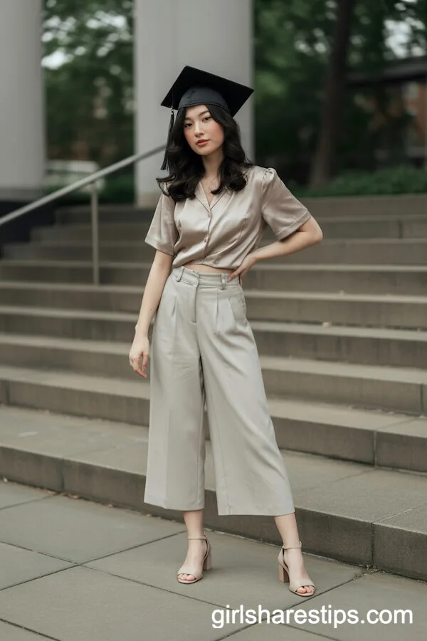 High-Waisted Cream Culottes and Satin Champagne Blouse