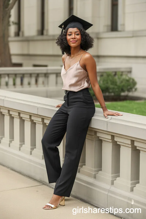 Black Straight-Leg Pants and Champagne Cami Chic
