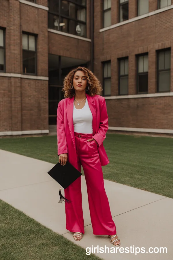 Fuchsia Blazer and Wide-Leg Pants Graduation Ensemble