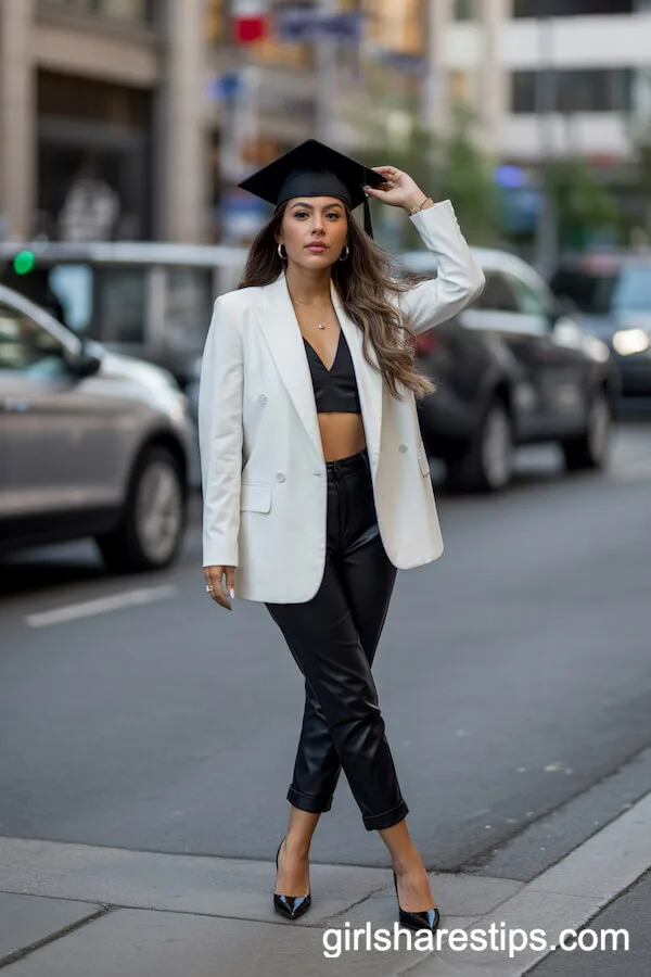 Black Faux Leather Pants with a Tailored White Blazer