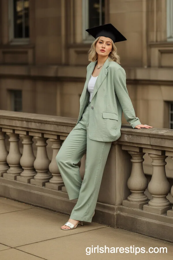 Mint Green Pantsuit for a Minimalist Graduation Style