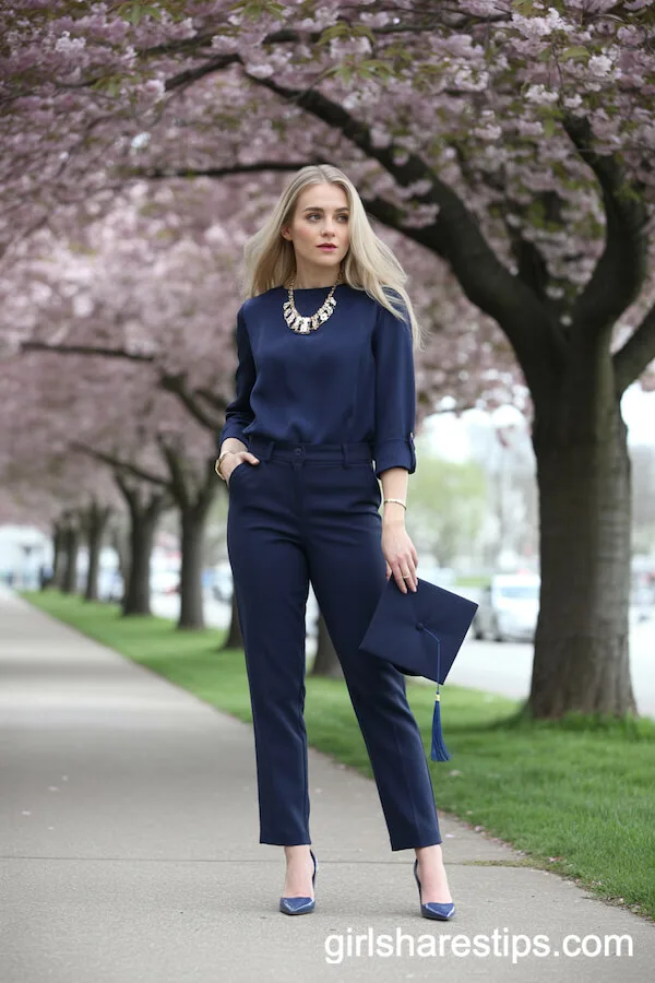 Sleek Navy Monochrome Outfit with Statement Jewelry