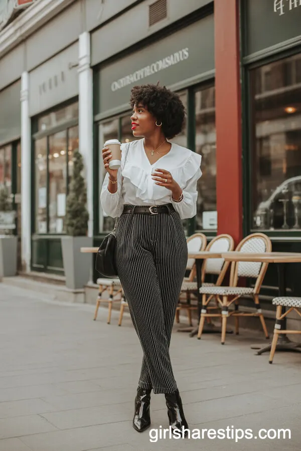Black-and-White Striped Pants with a Ruffled Blouse