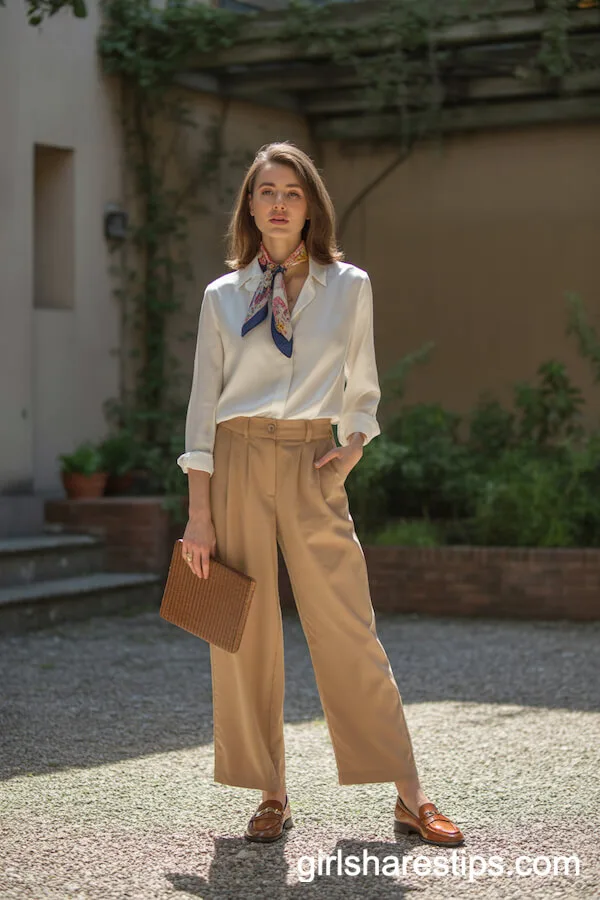 Beige High-Rise Trousers with a Silk Blouse and Scarf