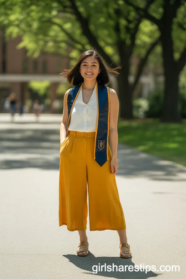 Vibrant Yellow Culottes and Sleek Graduation Stole Look