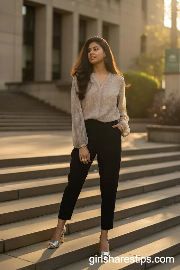Sparkly Beaded Top with Black Tapered Pants