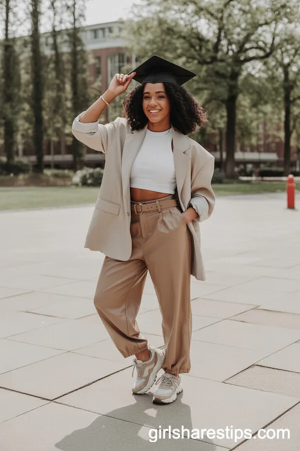 Sand-Colored High-Waist Pants and Oversized Blazer Style
