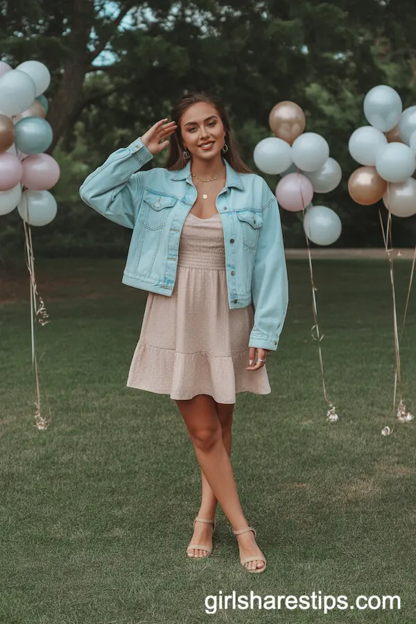 Soft Pink Sundress with Denim Jacket and Tan Sandals