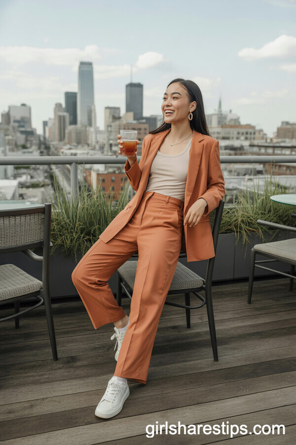 Tailored Orange Pantsuit with Beige Tank and White Sneakers