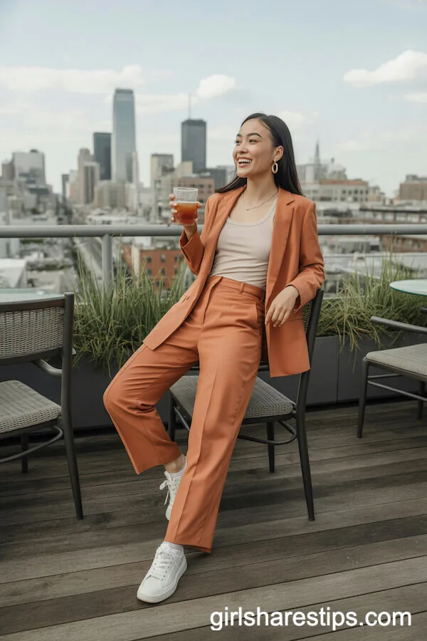Tailored Orange Pantsuit with Beige Tank and White Sneakers