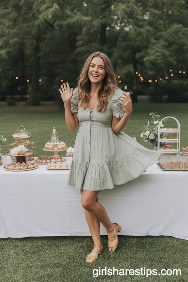 Pastel Green Ruffle Dress with Tan Sandals