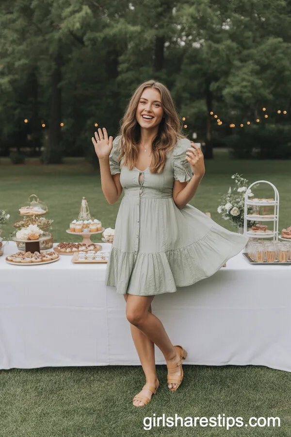 Pastel Green Ruffle Dress with Tan Sandals