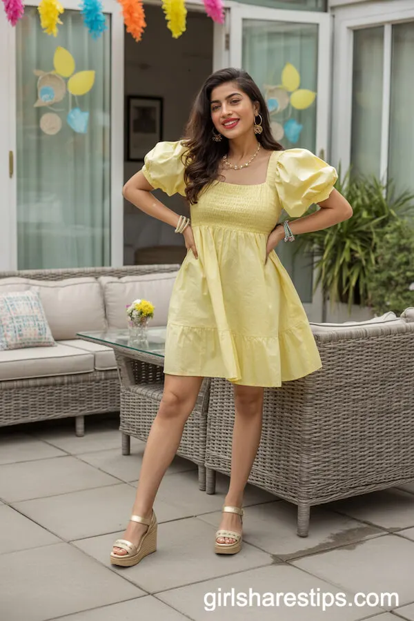 Lemon Yellow Puff-Sleeve Mini Dress with Beige Wedges