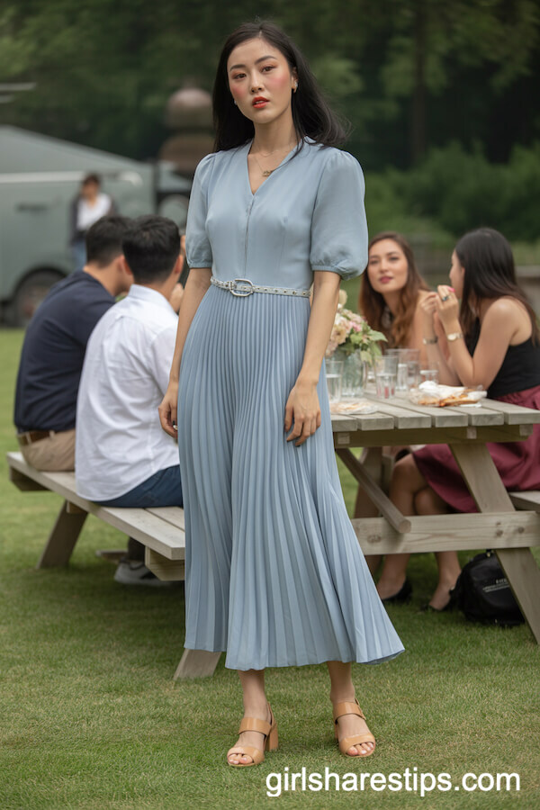 Powder Blue Pleated Maxi Dress with Silver Belt