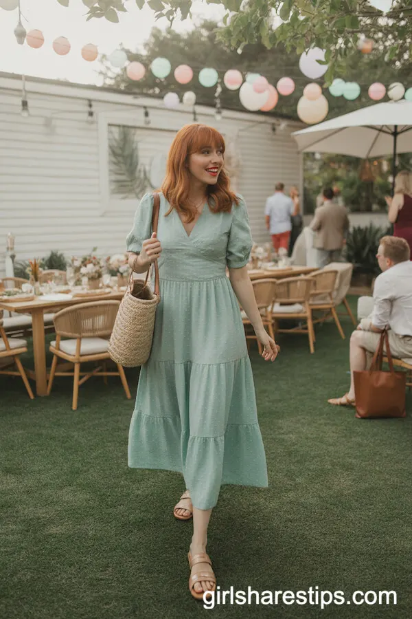 Light Teal Tiered Midi Dress with Nude Sandals