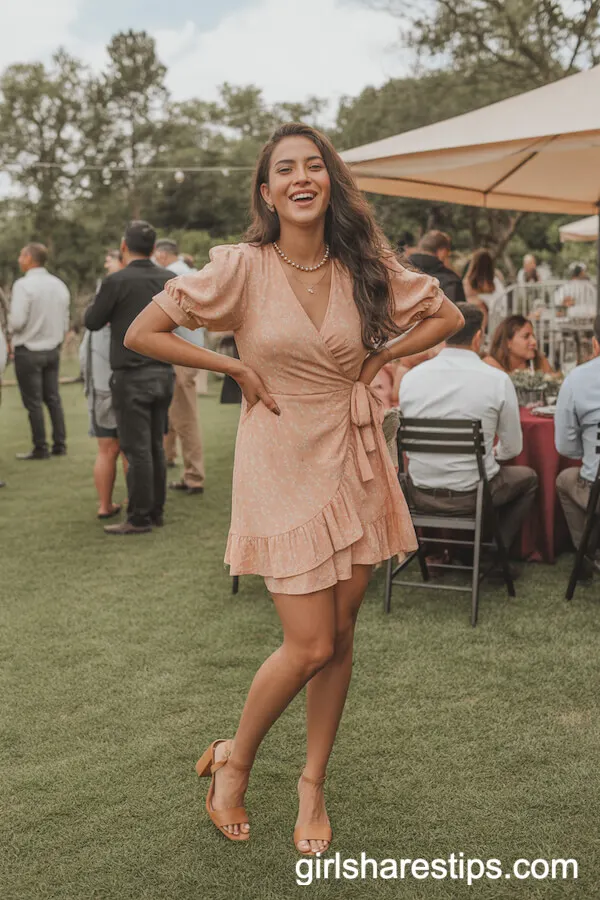 Peach Floral Wrap Mini Dress with Layered Necklace