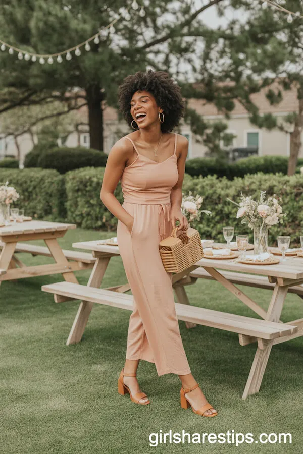Peach Jumpsuit with Block Heels and Straw Accessories