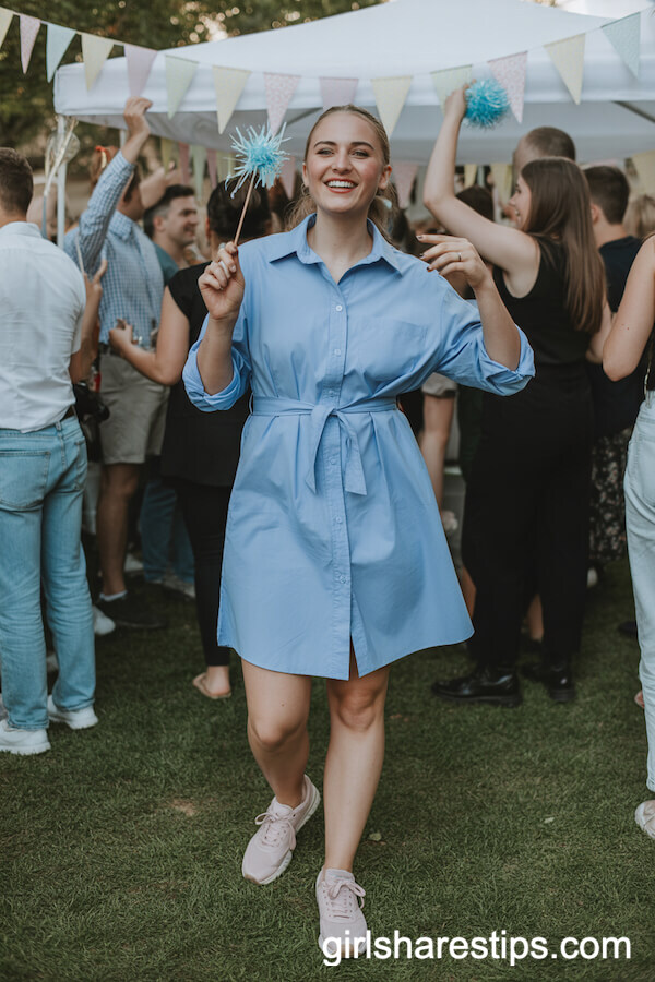 Pastel Blue Belted Shirt Dress with Pink Sneakers