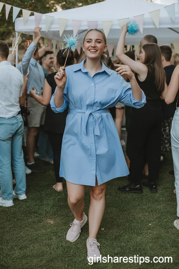 Pastel Blue Belted Shirt Dress with Pink Sneakers