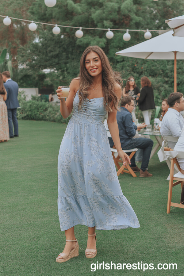 Pastel Blue Floral Maxi Dress with Nude Wedges
