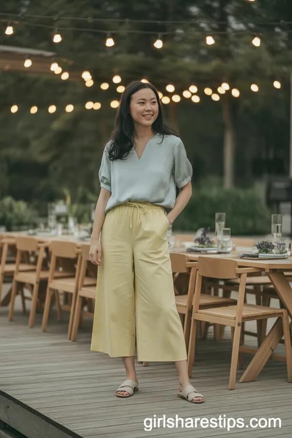 Mint Blouse and Yellow Culottes with Beige Sandals
