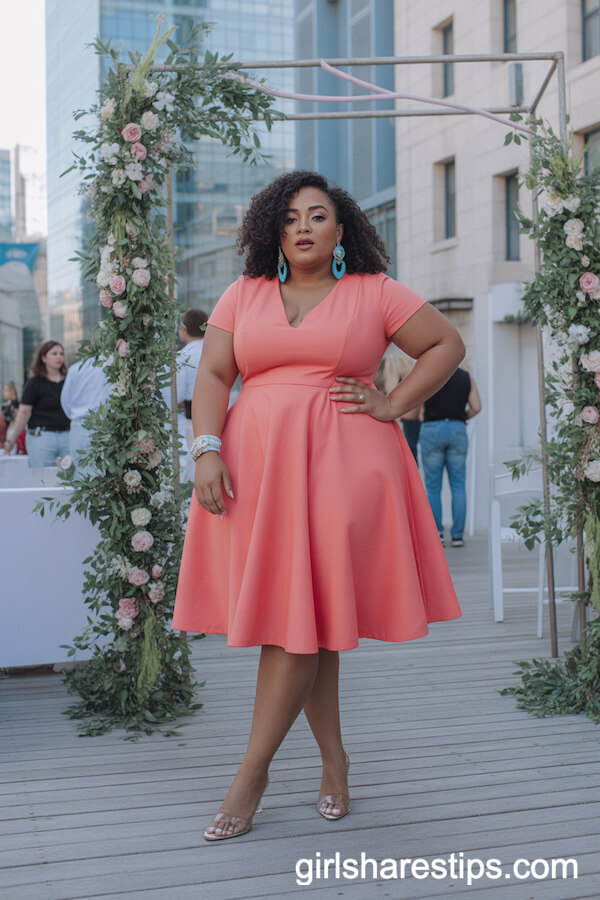 Coral A-Line Dress with Turquoise Jewelry and Clear Heels