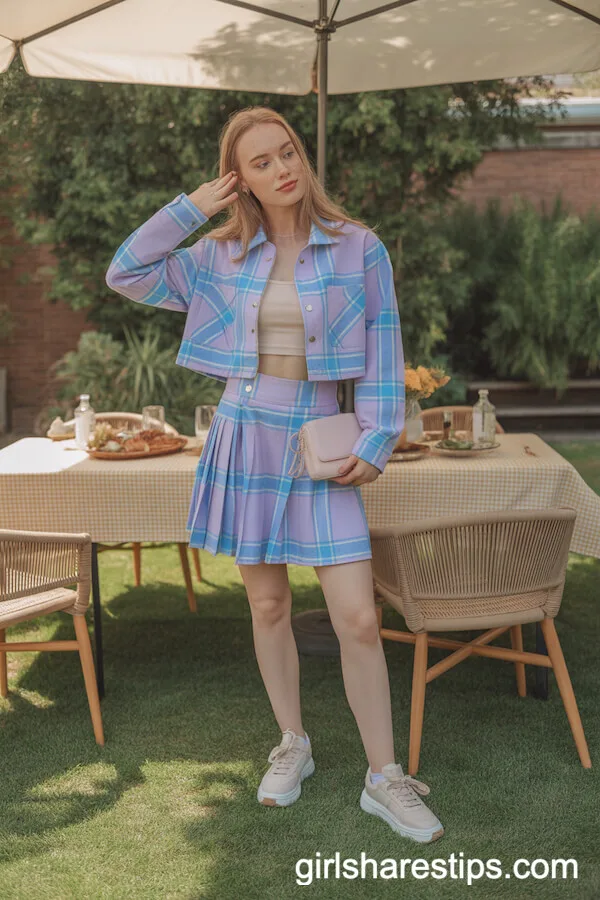 Lavender Plaid Skirt Set with Beige Sneakers