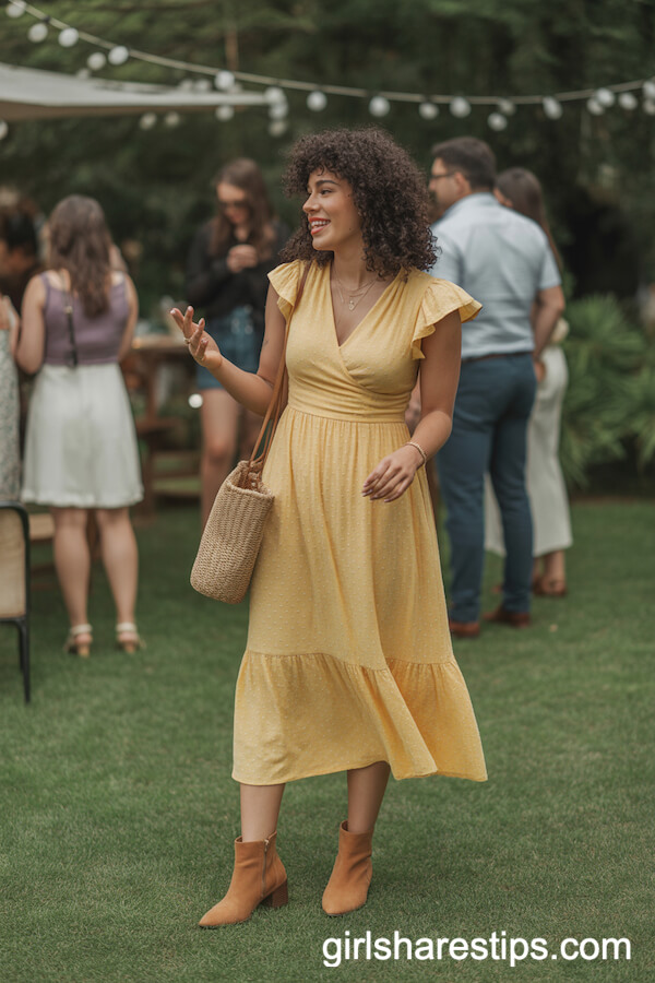 Yellow Bohemian Midi Dress with Ankle Boots and Woven Bag