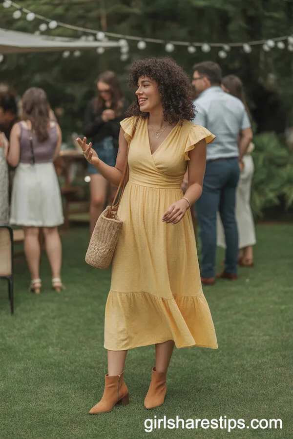 Yellow Bohemian Midi Dress with Ankle Boots and Woven Bag