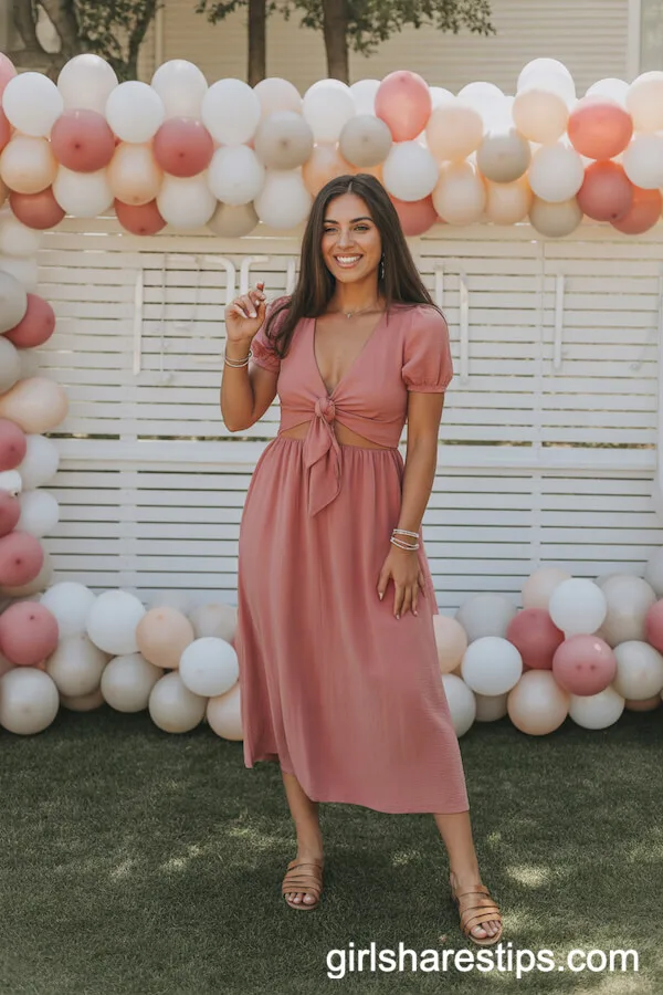Salmon Pink Tie-Front Midi Dress Pastel Accessories