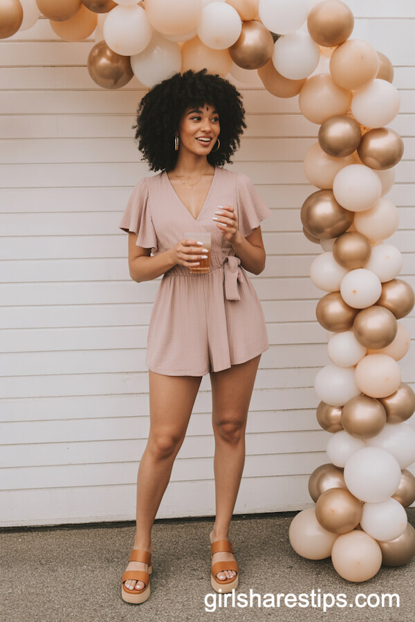 Blush Pink Romper with Gold Hoops and Platform Sandals