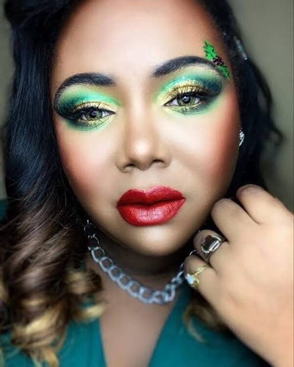 Bold Gold And Green Eyes With Red Lips