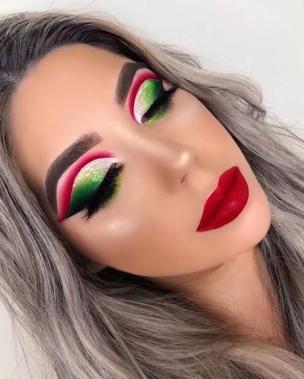 Festive Green And Pink Cut Crease Makeup