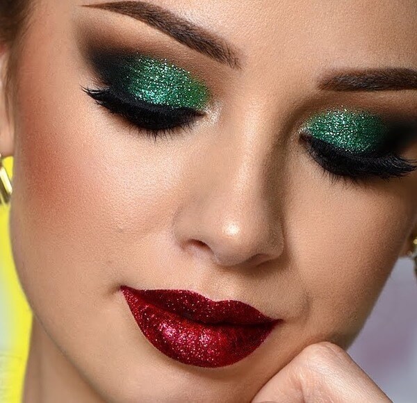 Emerald Glitter Eyes And Red Sparkle Lips