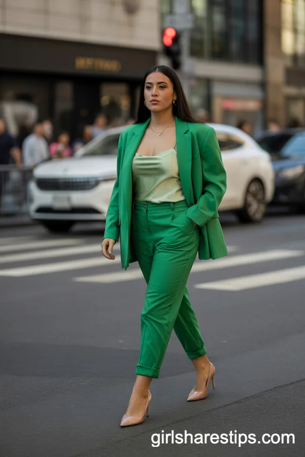 Green Blazer Set with Tailored Pants and Satin Cami Bold Statement