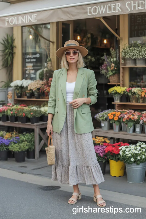Light Green Blazer and Floral Maxi Skirt Feminine Outdoor Outfit
