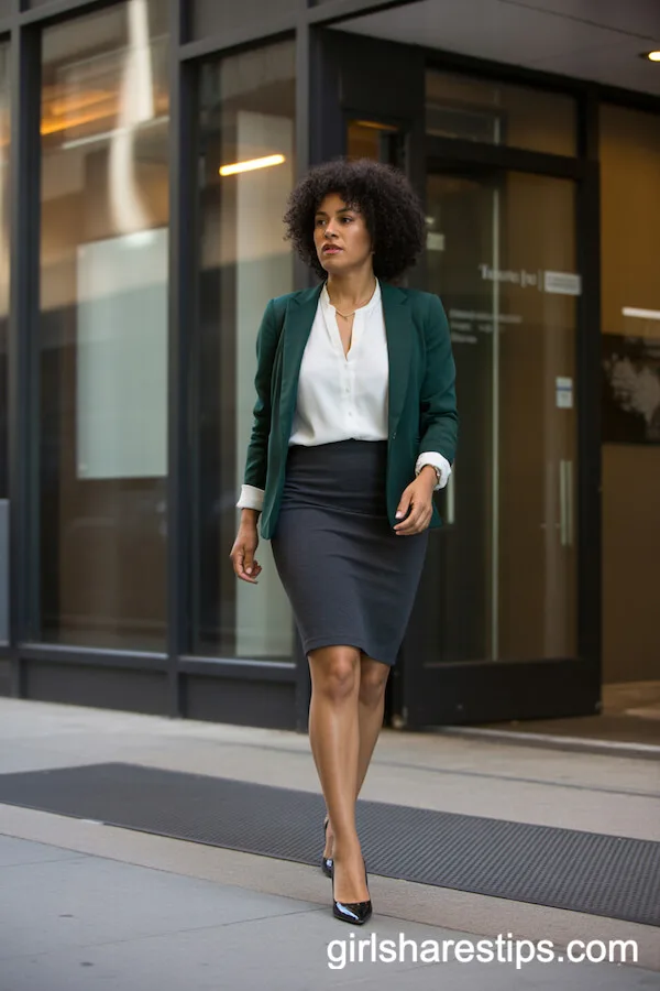 Dark Green Blazer with Pencil Skirt Polished Workwear