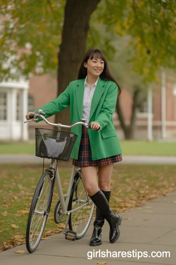 Kelly Green Blazer with Plaid Skirt Preppy Campus Inspiration