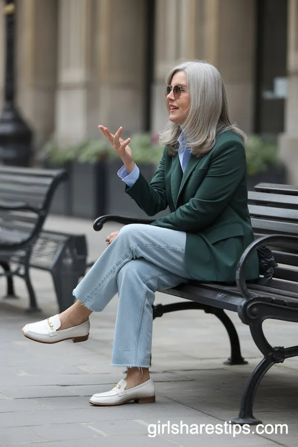 Dark Green Blazer with Jeans for Elegant Mature Style