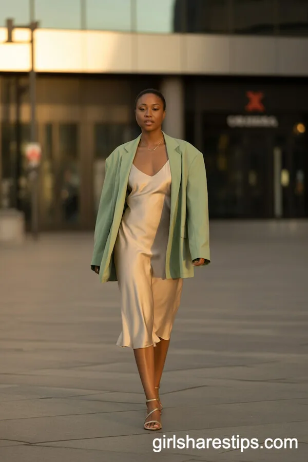 Pastel Green Oversized Blazer with Slip Dress Minimal Chic