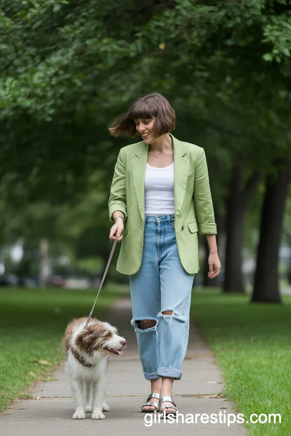 Apple Green Blazer with Boyfriend Jeans Casual Park Look